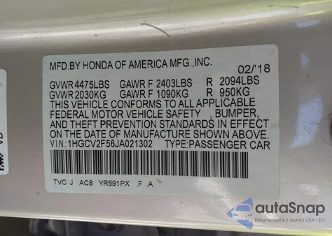 2018 Honda Accord Ex-L 2.0T from USA, damaged, VIN 1HGCV2F56JA021302
